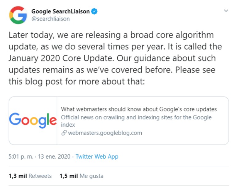 Google Core Update tweet
